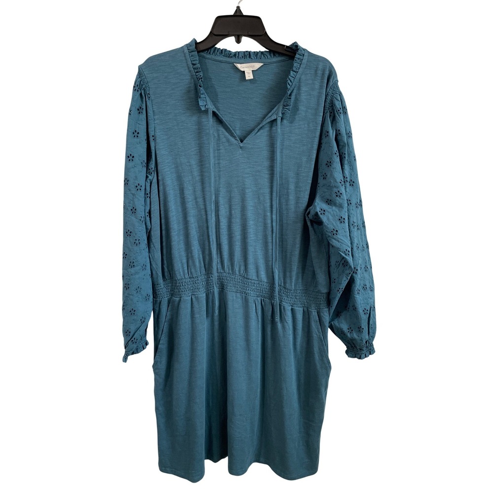 Garnet Hill Organic Cotton Tencel Modal Eyelet Puff Sleeve Smocked Dress Teal XL